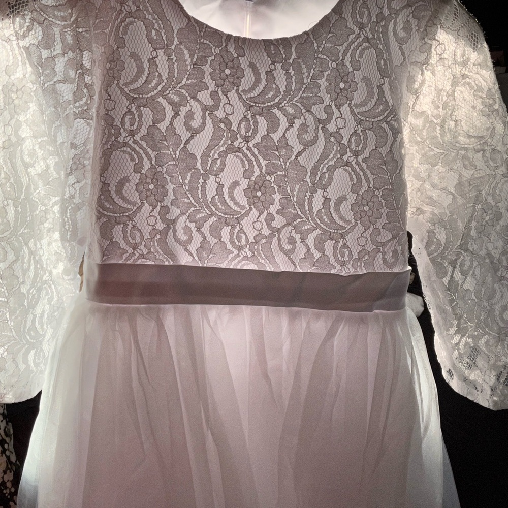 Communion/wedding White Lace Tulle Kids Dress with Satin Waistband
